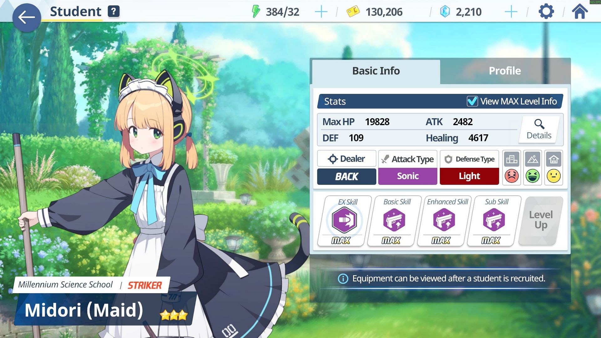 Max stats for Midori (Maid) in Blue Archive (Image via Nexon)